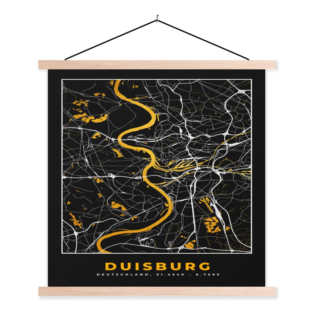 MuchoWow Textilposter Duisburg - Deutschland - Stadtplan - Karte - Gold 40x40 cm mit holzfarbenen Rahmen - Posterleiste