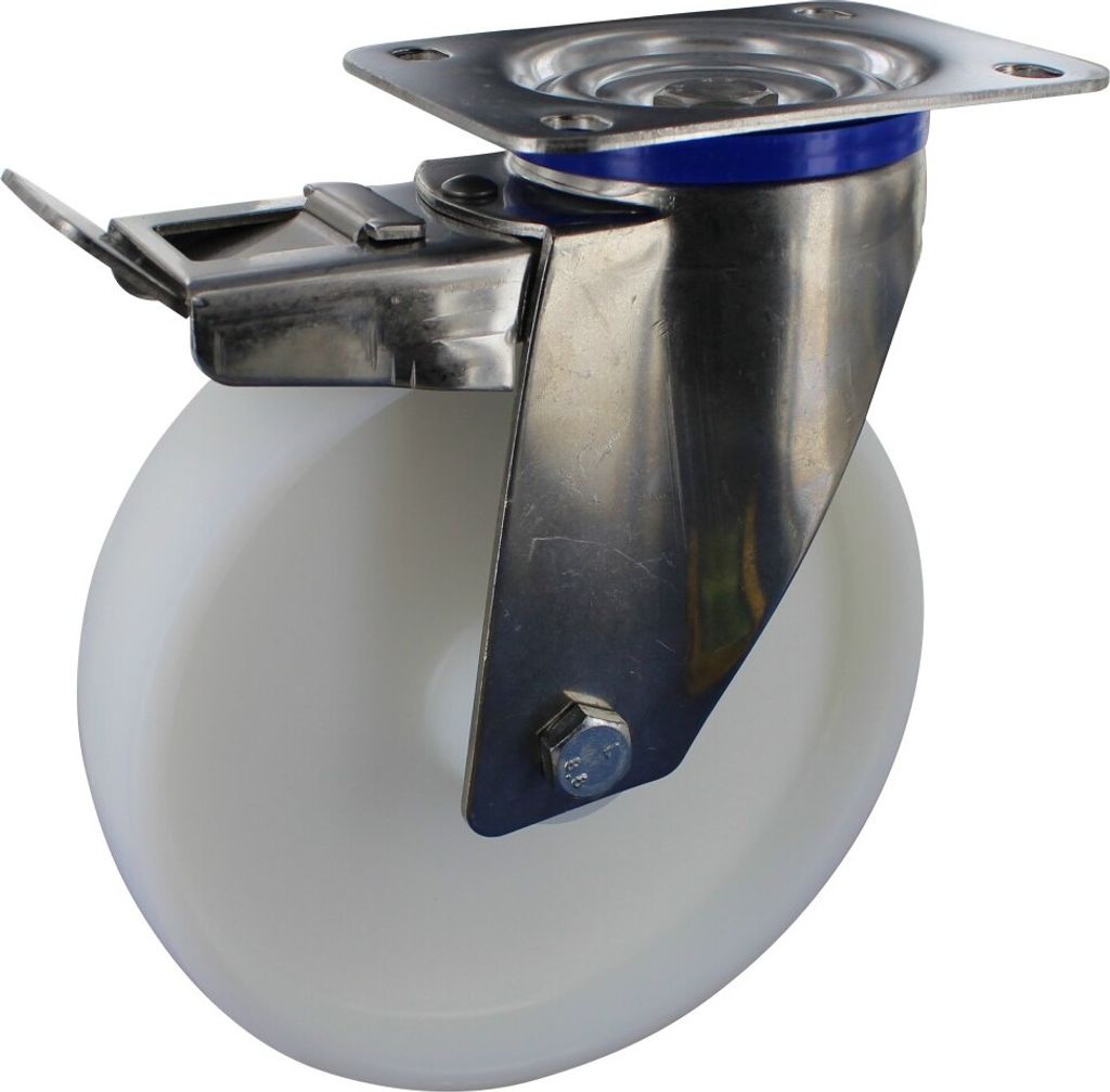 Edelstahlrollen Lenkrolle mit Feststeller Ø125mm Polyamid Anschraubplatte
