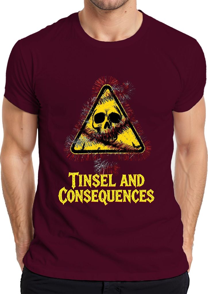 Tinsel and Consequences Totenkopf Lametta Warnschild Weihnachten Herren T-Shirt, Burgundy, S