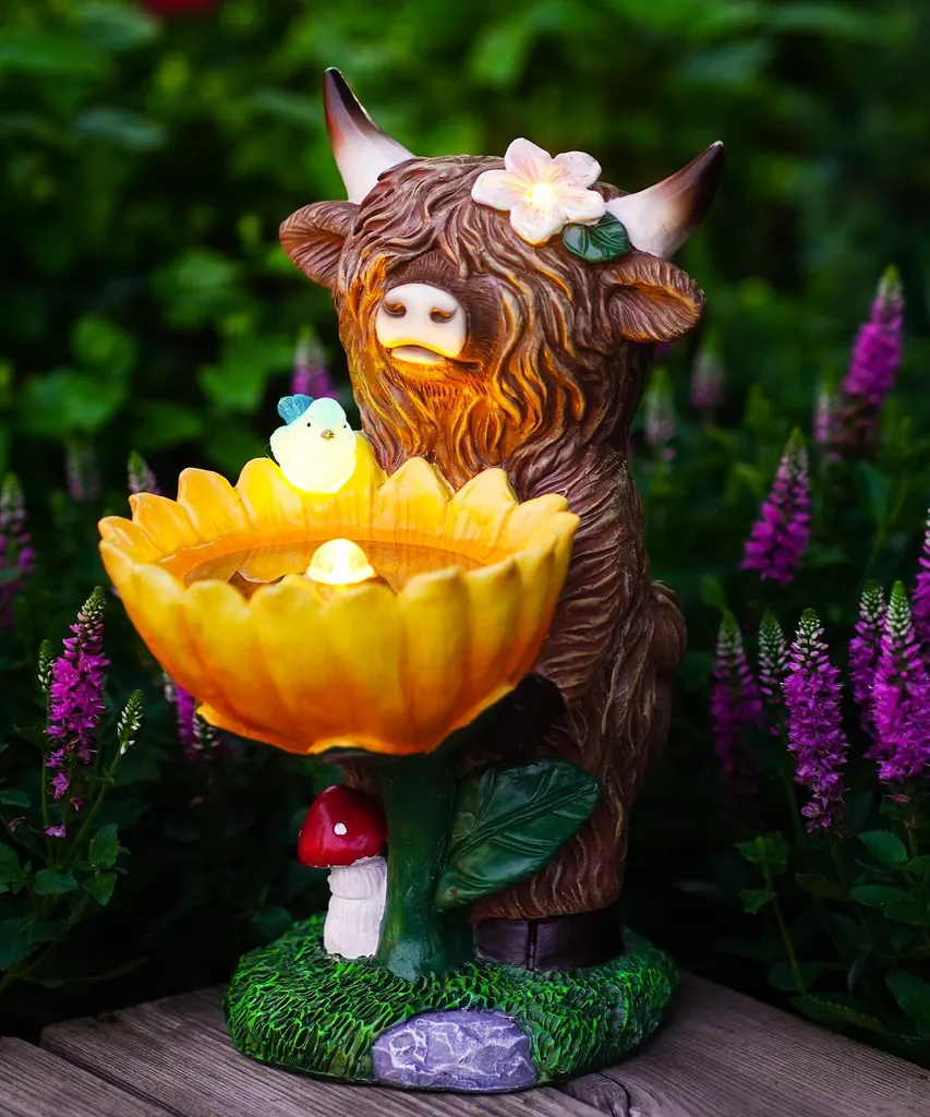 Bœuf des Highlands Solaire Lumineux avec Abreuvoir Oiseaux pour Jardin