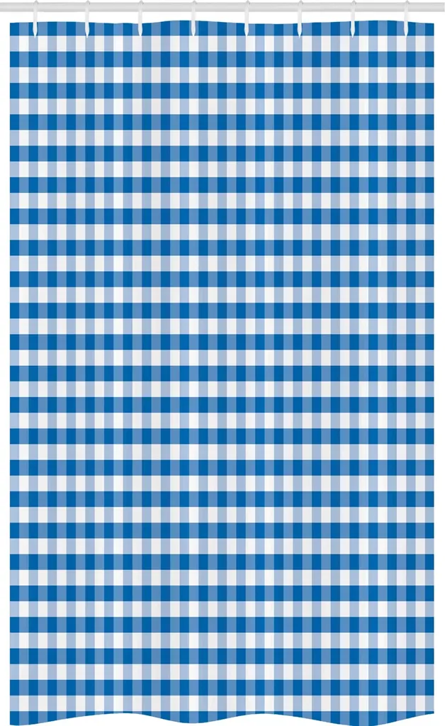 ABAKUHAUS Tenda da doccia a quadri stretta, Gingham Monochrome, set decorativo per bagno in tessuto con ganci, 120 x 180 cm, blu e bianco