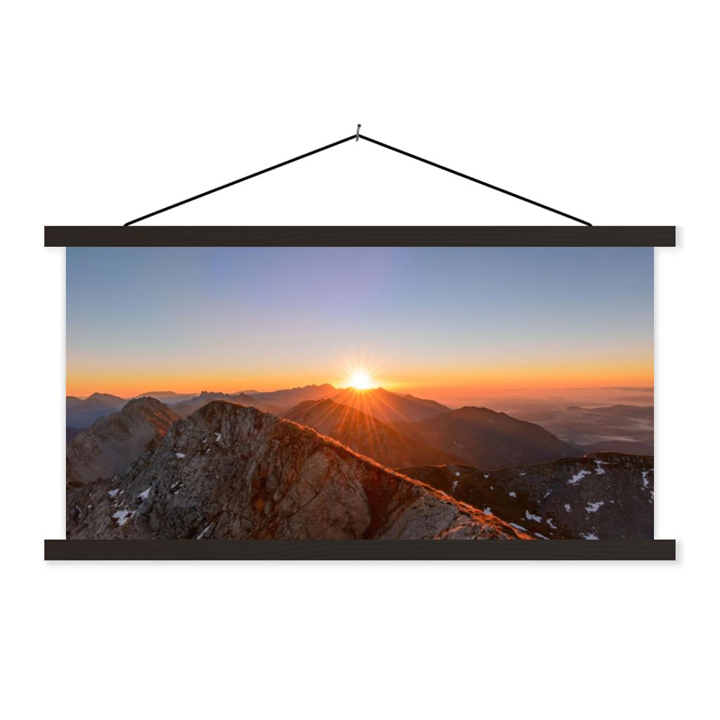 MuchoWow Textilposter Berg - Landschaft - Sonne 150x75 cm mit schwarzem Rahmen - Posterleiste