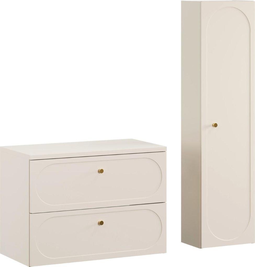 Badezimmer-Set 80 Cm Sandbeige Mit Hohem Schrank Und Ablagefläche