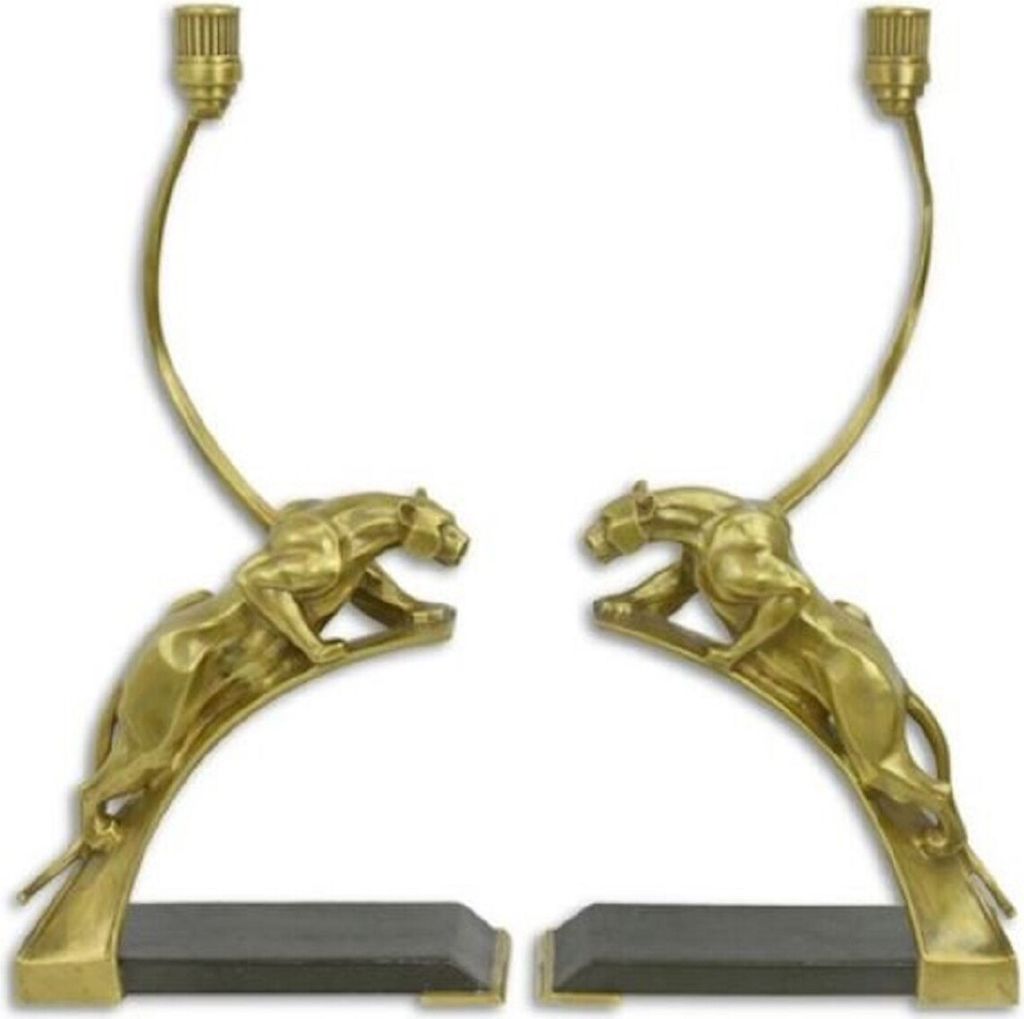 Casa Padrino Art Deco Kerzenhalter Set Panther Gold / Schwarz 23,4 x 11,8 x H. 47,4 cm - Elegante Bronze Kerzenständer - Deko Accessoires