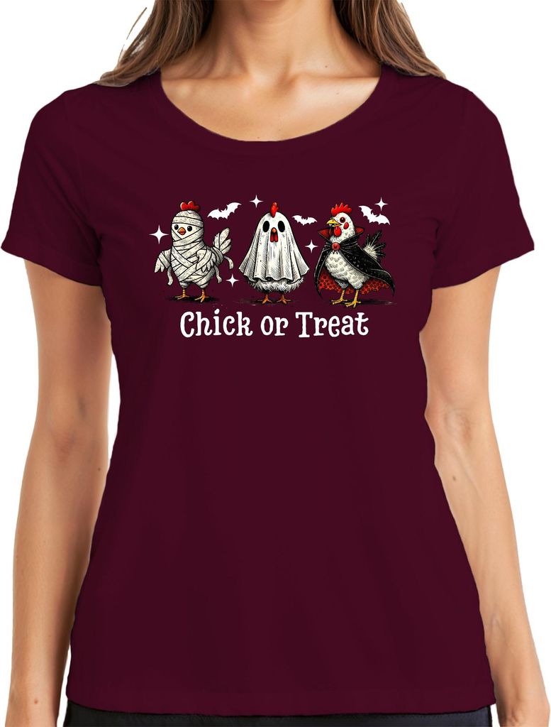 Chick or Treat Halloween Huhn Küken Kostüm Vampir Geist Mumie Damen T-Shirt, Burgundy, M
