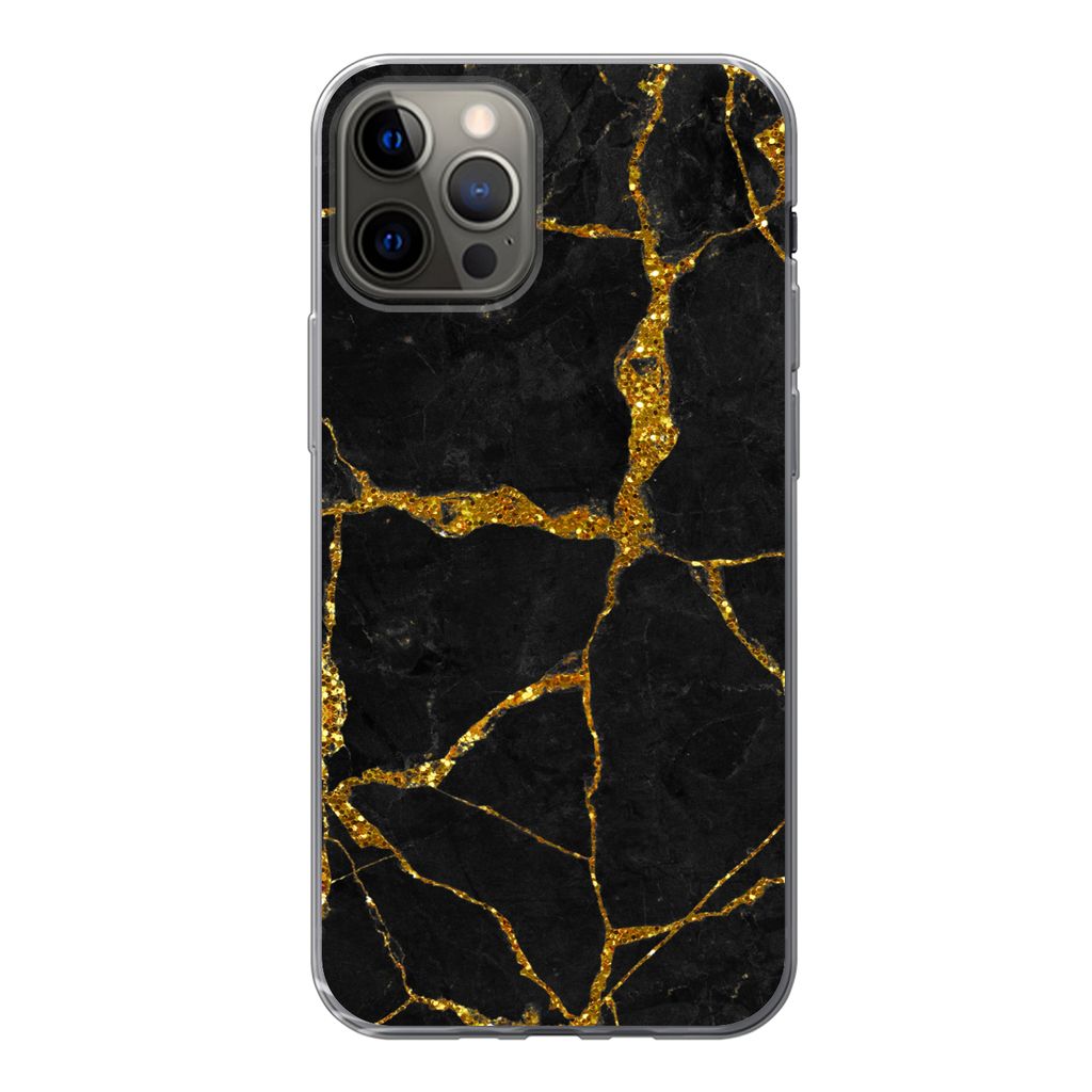 MuchoWow Handyhülle Schutzhülle Hülle für iPhone 12 Pro Marmor - Gold - Schwarz - Marmoroptik - Glitter Silikon Softcase Handy Hülle - Abdec...