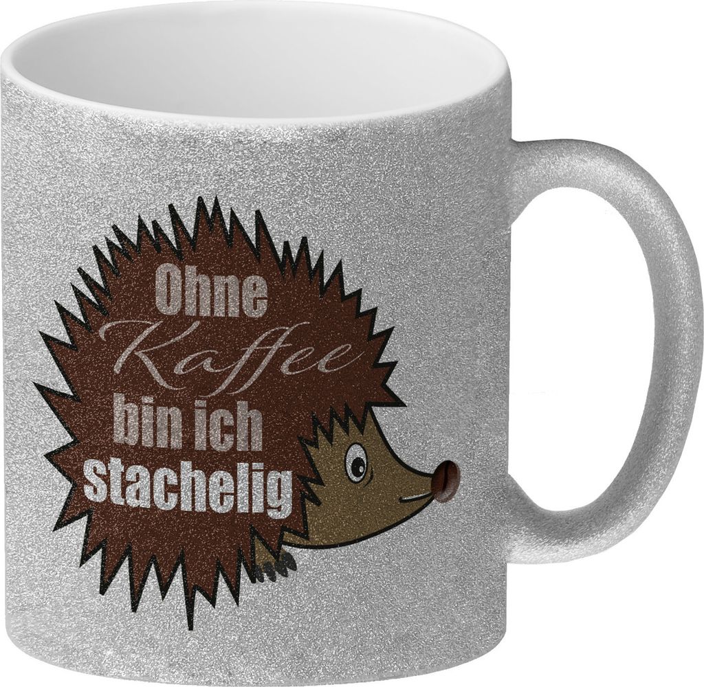 Ohne Kaffee bin ich stachelig Igel Glitzer-Kaffeebecher in weiß mit Spruch