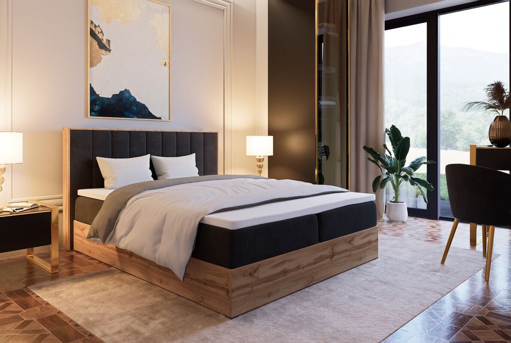 Marlux-Meble Leoni III Kontinentalbett 120x200 cm Modern Bequemes Hochbett Gepolstert Mit Matratze Und Zwei Bettzeugbehälter (Itaka 15 - Schwarz)