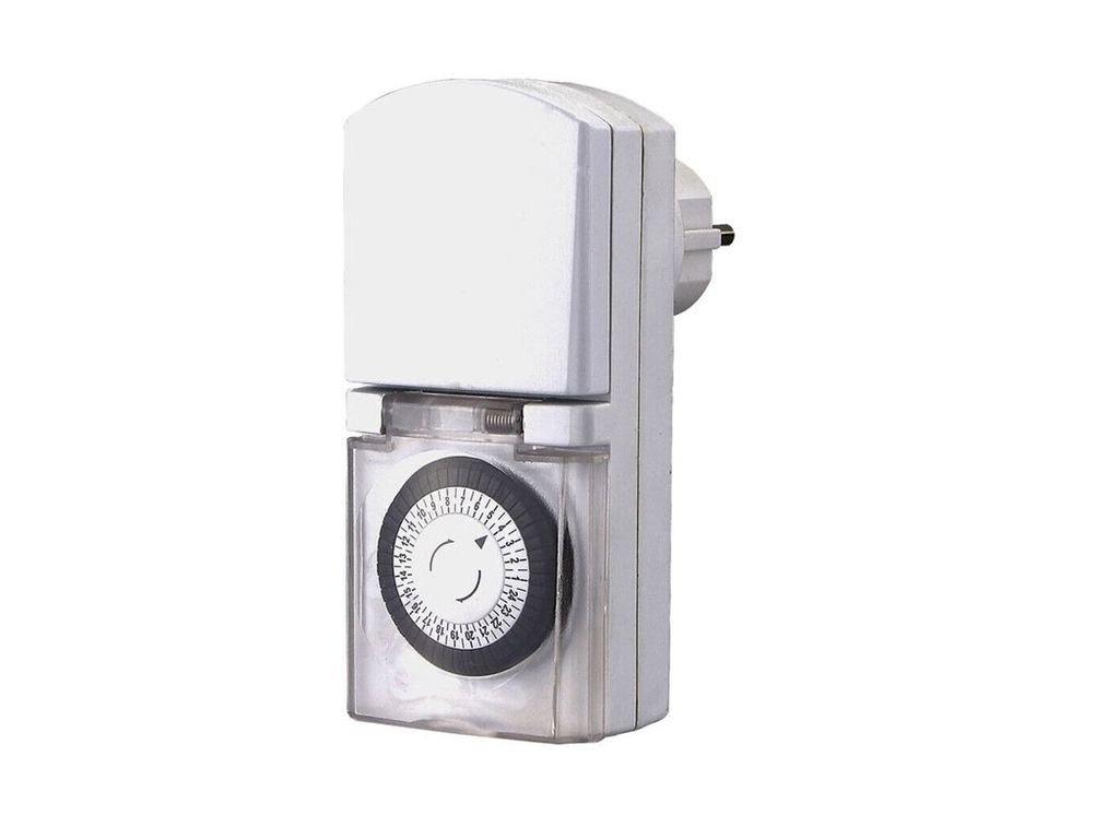 A white and gray analog timer with a transparent casing and a black dial is shown against a white background.