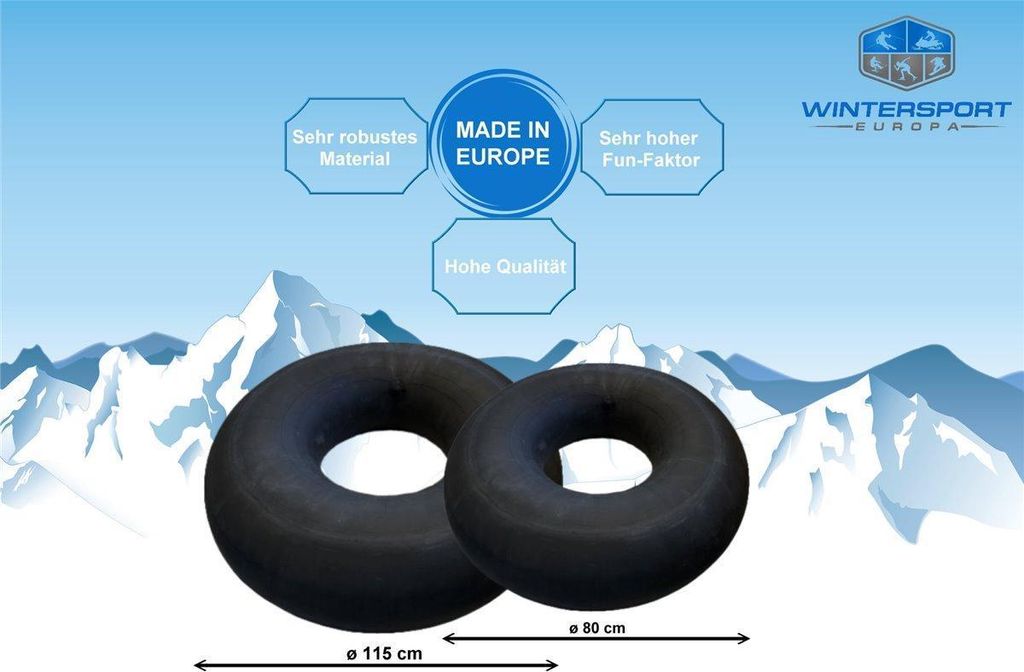 Two black inflatable tubes are shown against a background of snowy mountains and a blue sky. Text overlays highlight product features and branding.