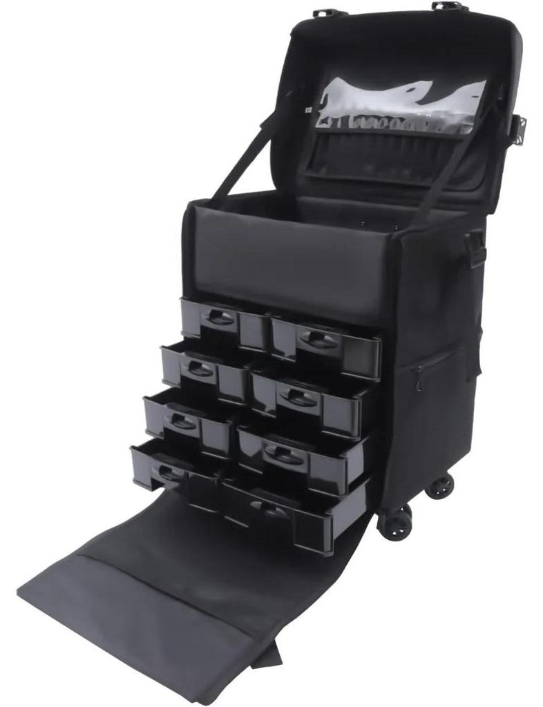 Rollender Schminkkoffer - 2-in-1 Profi Make-up Trolley - 8 Schubladen - über 76 l Volumen - Faltbar und erweiterbar aus Nylon - Schwarz
