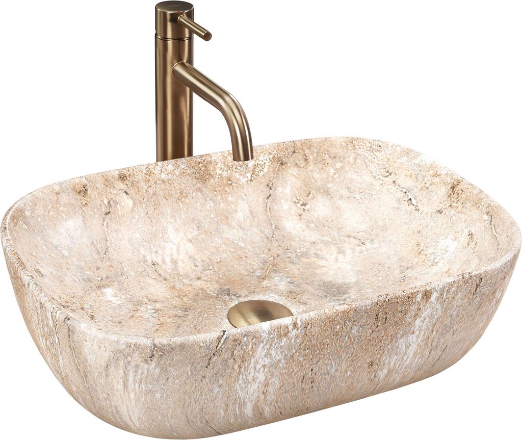 A stone-like basin with a faucet.