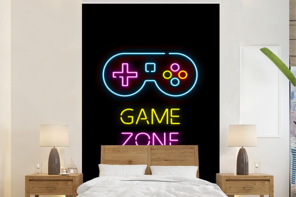 MuchoWow Fototapete für Wohnzimmer oder Schlafzimmer Wandtapete Vinyl Motivtapete Controller - Spiel - Neon - Schwarz - Zitate - Spielzone - 155...