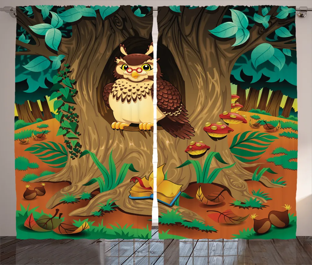 ABAKUHAUS Tenda rustica colorata, Nanny Grandma Sage Owl, Tende universali per soggiorno con passanti e ganci, 280 x 245 cm, multicolore