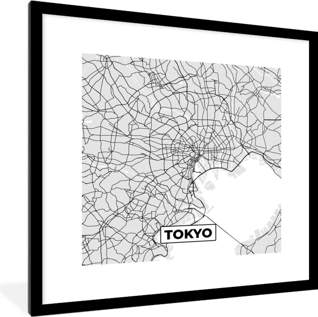 MuchoWow Gerahmtes Poster Tokio - Stadtplan - Schwarz und weiß - Karte 40x40 cm - Poster mit Schwarzem Bilderrahmen Wandposter Rahmen Foto Bilde...