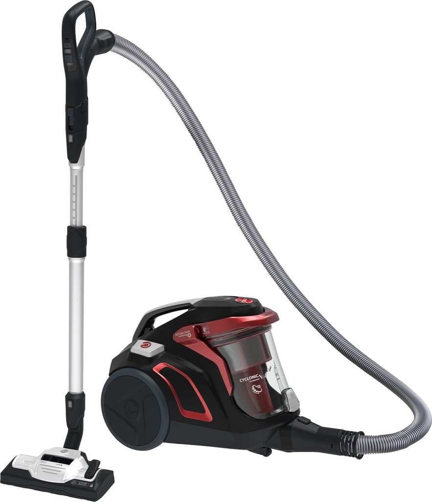 A black and red canister vacuum cleaner with its hose and wand attached, shown against a white background.