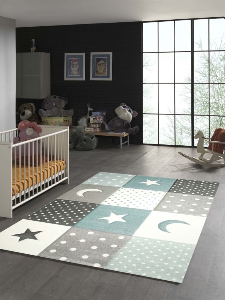 Kinderteppich Stern Mond in Weiss Grau Blau Größe - 120 x 170 cm
