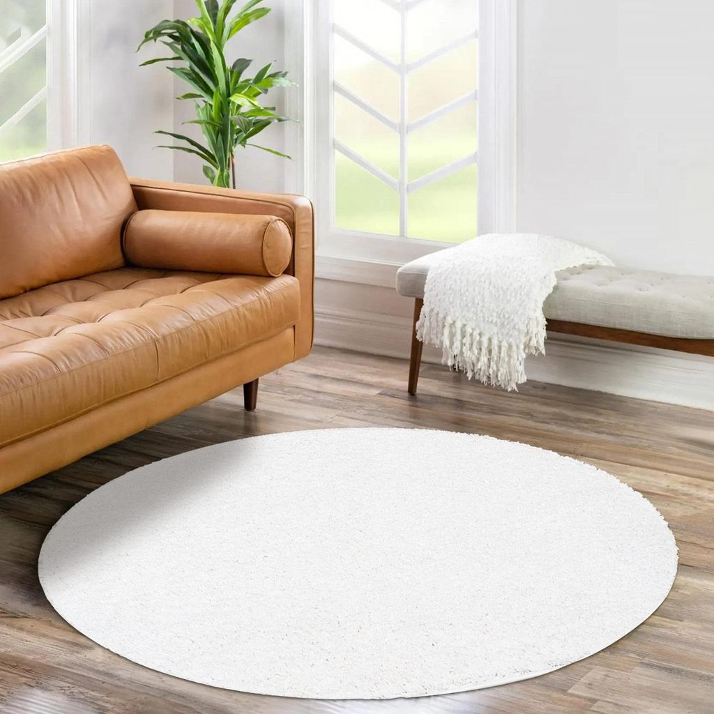 Shaggy Hochflor Teppich Wohnzimmer - Rund 80 cm - Weiß - Produktbild 