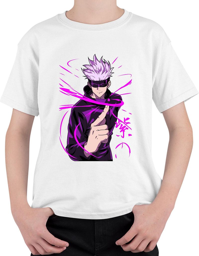 Jujutsu Kaisen Satoru Gojo Augenbinde lila Energie Fan Geschenk Uni Kinder T-Shirt, Weiß, 140