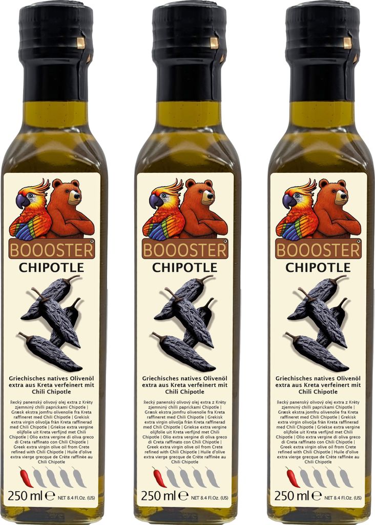 APSU Würz-Öl leicht scharf 3x250ml von BOOOSTER Extra Natives Olivenöl mit Chipotle Chilis Premium-Dressing-Öl aus Griechenland Kreta für Fe...