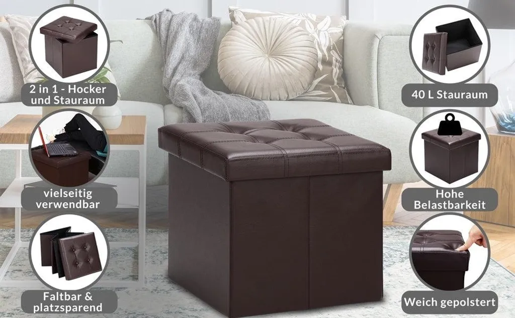 Tabouret coffre de rangement marron 40 L, siège d'appoint pliant design