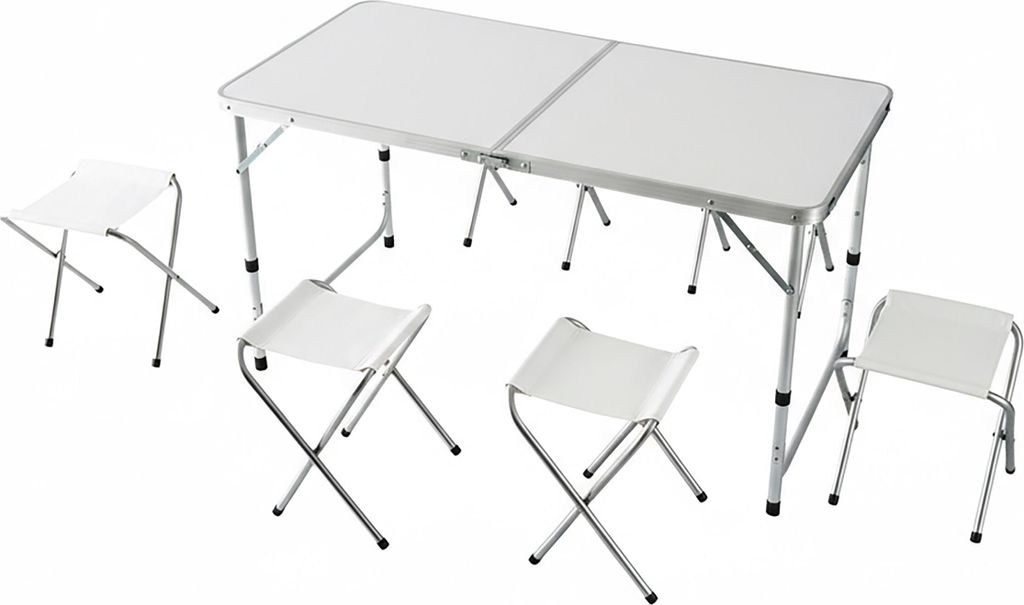 Relaxdays Campingtisch, 4 Sitzhocker, klappbar, höhenverstellbar, mit Tragegriff, Aluminium, MDF, Gartentisch, weiß
