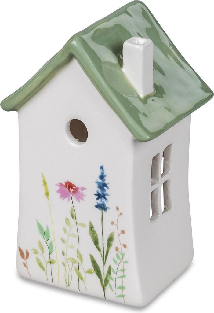 Teelichthalter, Windlicht Haus BLUMENWIESE BUNT H. 16cm Steingut Formano F25