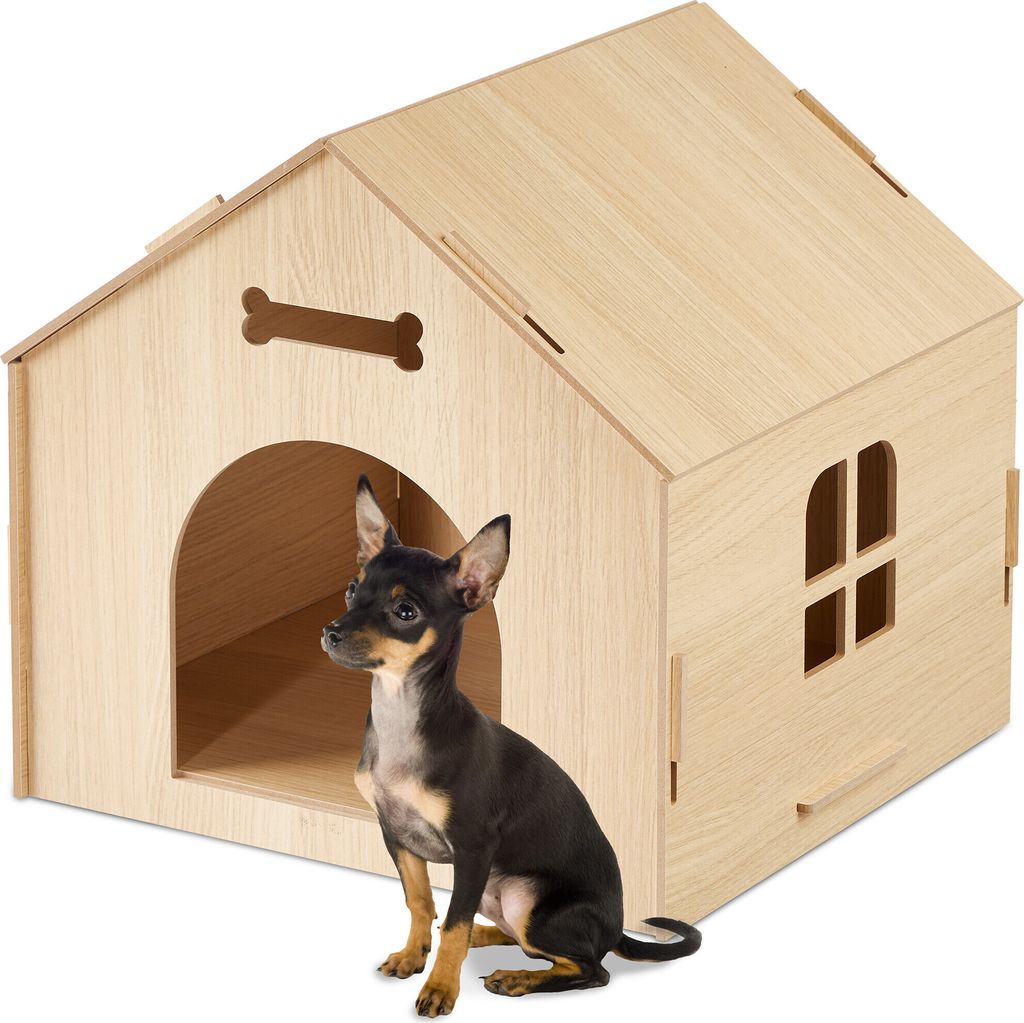 Relaxdays Hundehütte indoor, Katzenhaus zum selber bauen, Haustierhaus, für kleine Hunde & Katzen, Hundehöhle MDF, natur