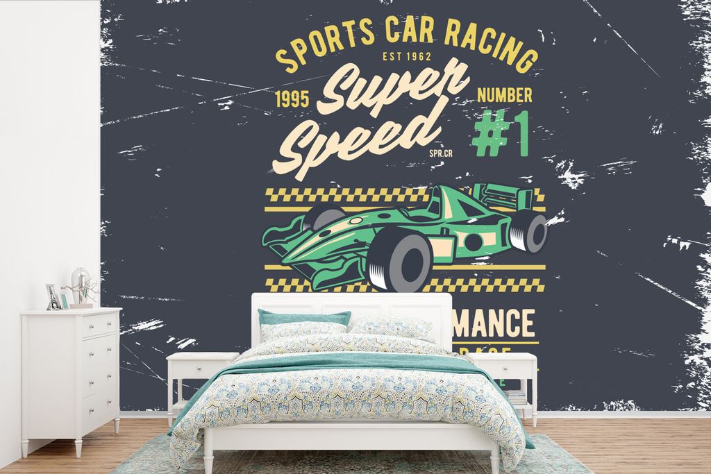 MuchoWow Fototapete für Wohnzimmer oder Schlafzimmer Wandtapete Vinyl Motivtapete Auto - Rennstrecke - Oldtimer - 330x220 cm - Fototapeten