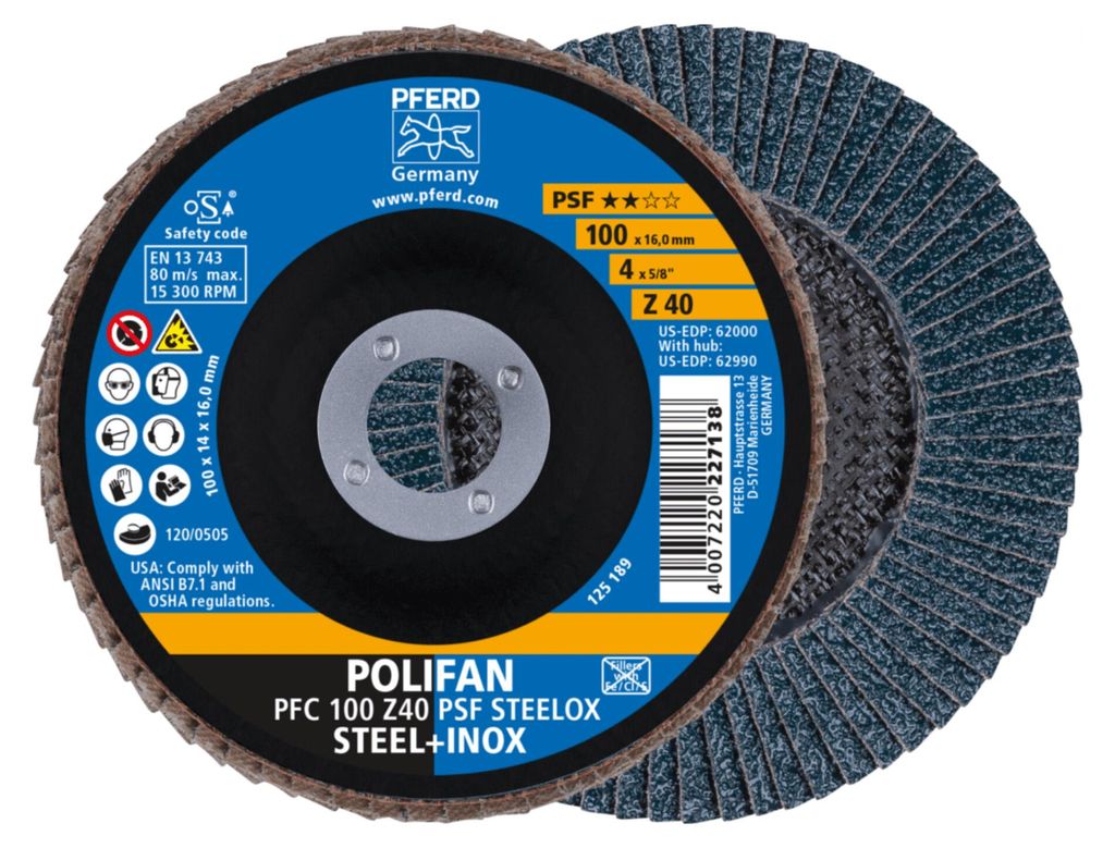 PFERD TOOLS POLIFAN Fächerscheibe PFC 100x16 mm konisch Z40 Universallinie PSF STEELOX Stahl/Edelstahl 10 Stk