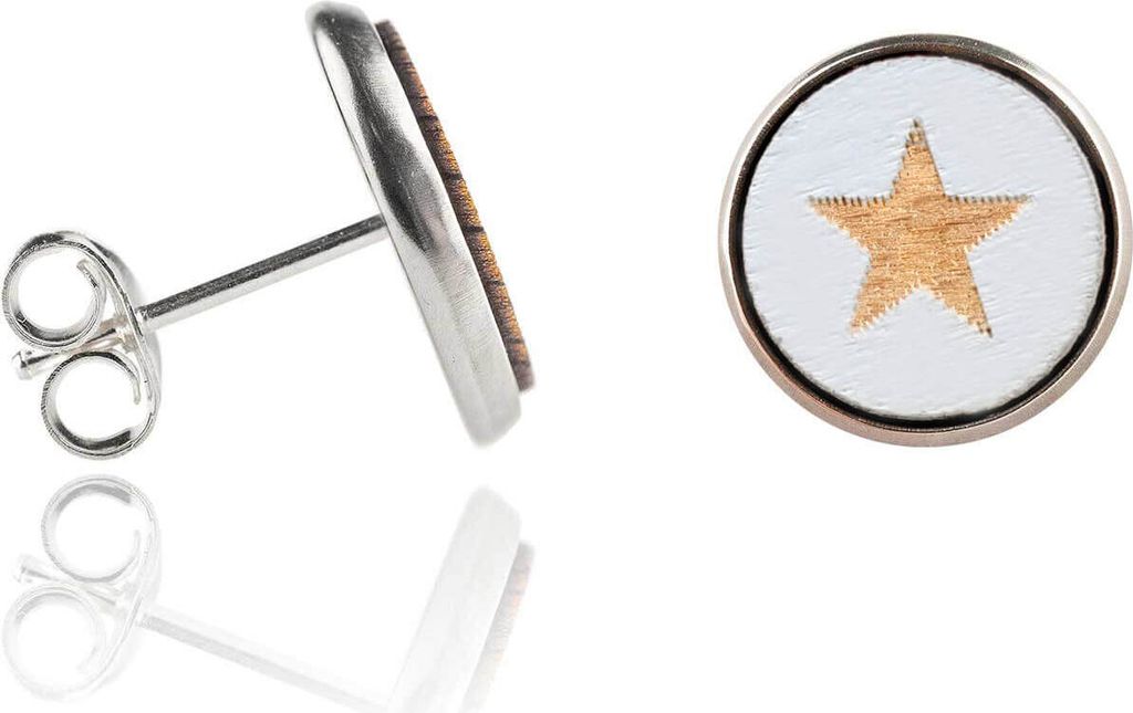 Holzohrstecker Edelstahl mit Stern blau in Buchenholz