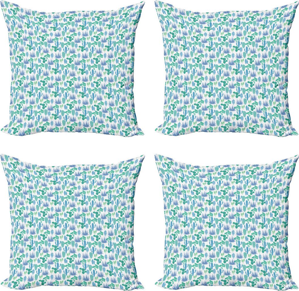 ABAKUHAUS Saftig Kissenbezug Set (4 Stück), Blau, Grün, Kakteen Pflanzen, Moderner Doppelseitiger Digitaldruck, 60 cm x 60 cm, Blau, Grün und Weiß