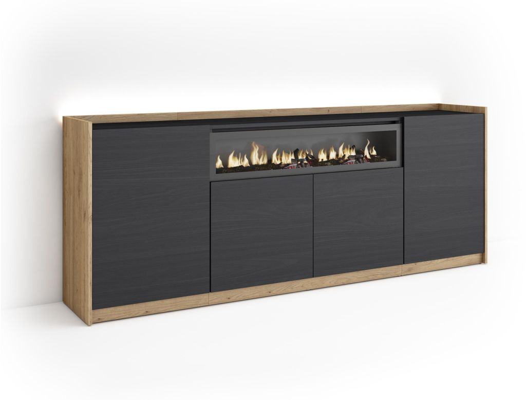 Sideboard Holzeffekt schwarz eiche 207x37x80cm Kamin mit Feuereffekt