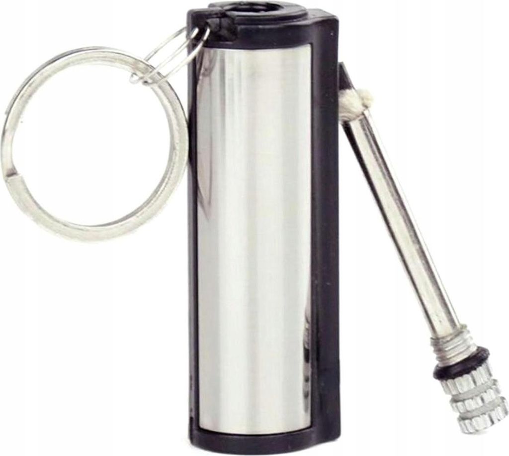 A close-up studio shot of a survival keychain tool.