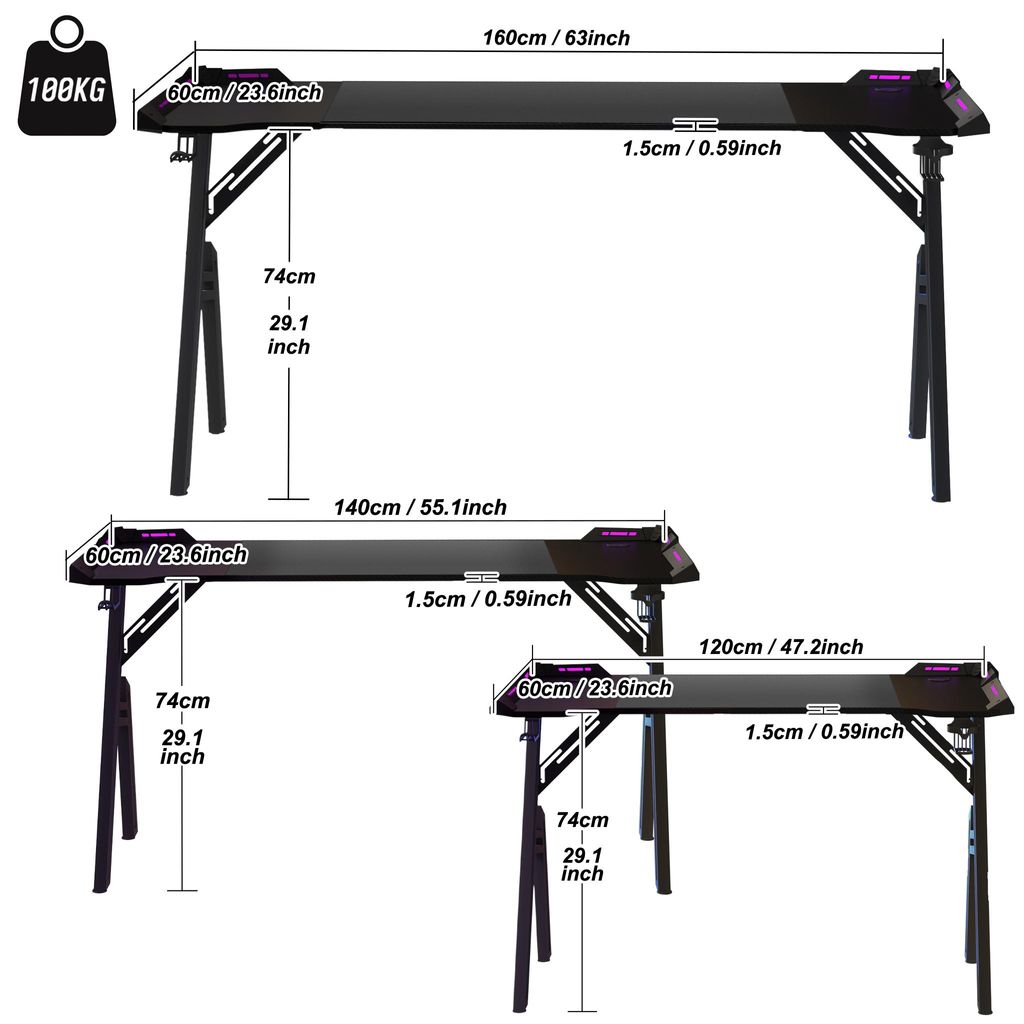 XMTECH LED herní stůl 120 x 60 cm, herní stůl PC stůl, A Obrázek produktu 
