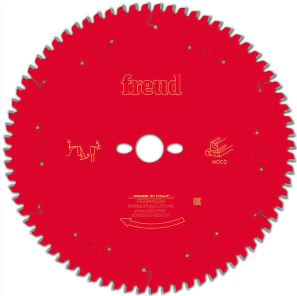 A red circular saw blade with teeth around the edge and branding and information printed on its surface.