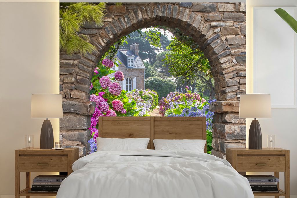 MuchoWow Fototapete für Wohnzimmer oder Schlafzimmer Wandtapete Vinyl Motivtapete Blumen - Guck-guck - Hortensie - Sommer - 280x280 cm - Hinterg...