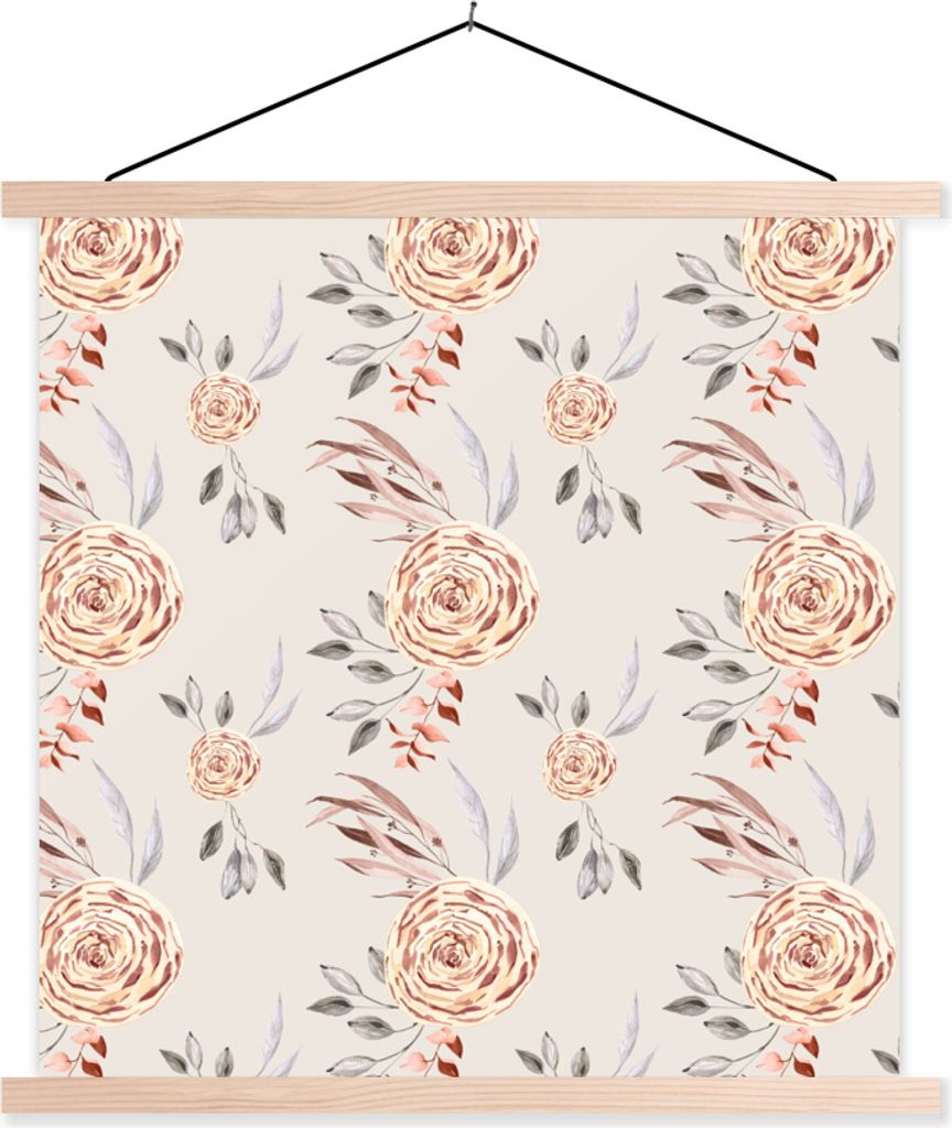 MuchoWow Textilposter Rosen - Gold - Muster 40x40 cm mit holzfarbenen Rahmen - Posterleiste