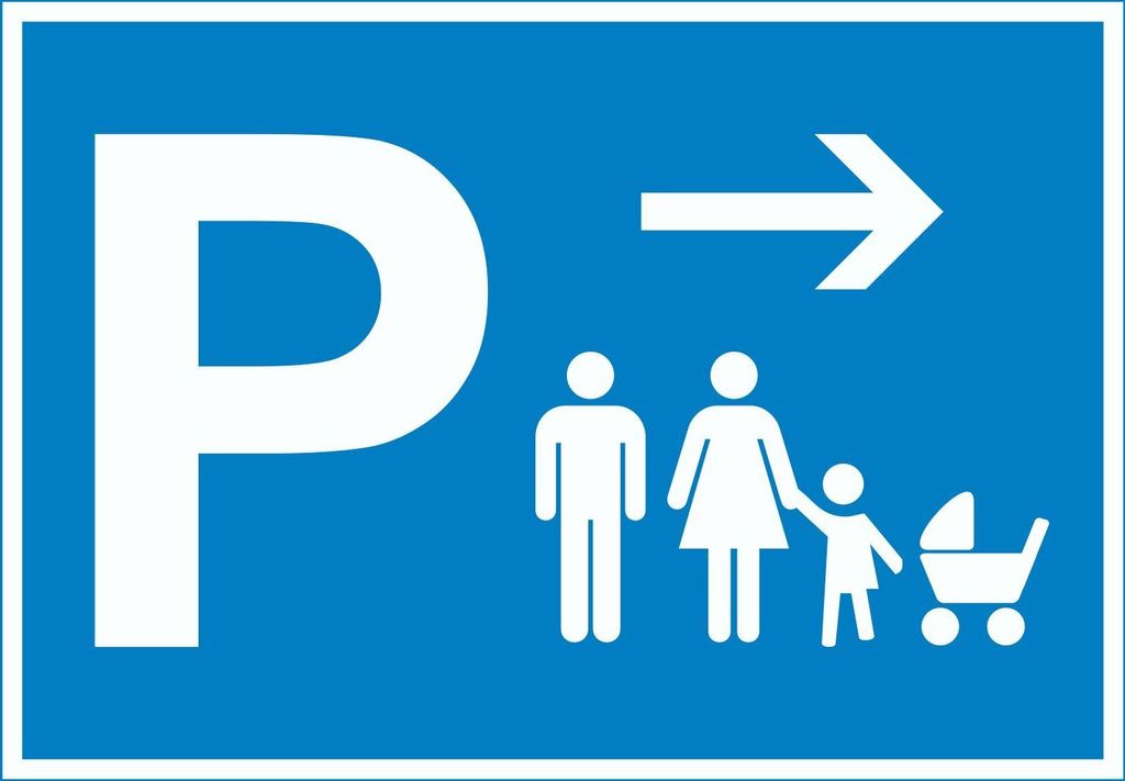 Eltern Kinderwagen Parkplatz Schild mit Richtungspfeil rechts waagerecht A6 Rückseite selbstklebend