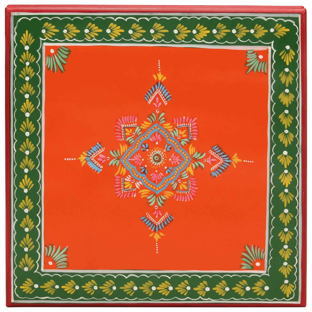 VidaXL Tavolino In Legno Massello Di Mango Con Decorazioni Dipinte A Mano - Rosso Multicolore, 54x54x30 Cm, Per Soggiorno E Divano