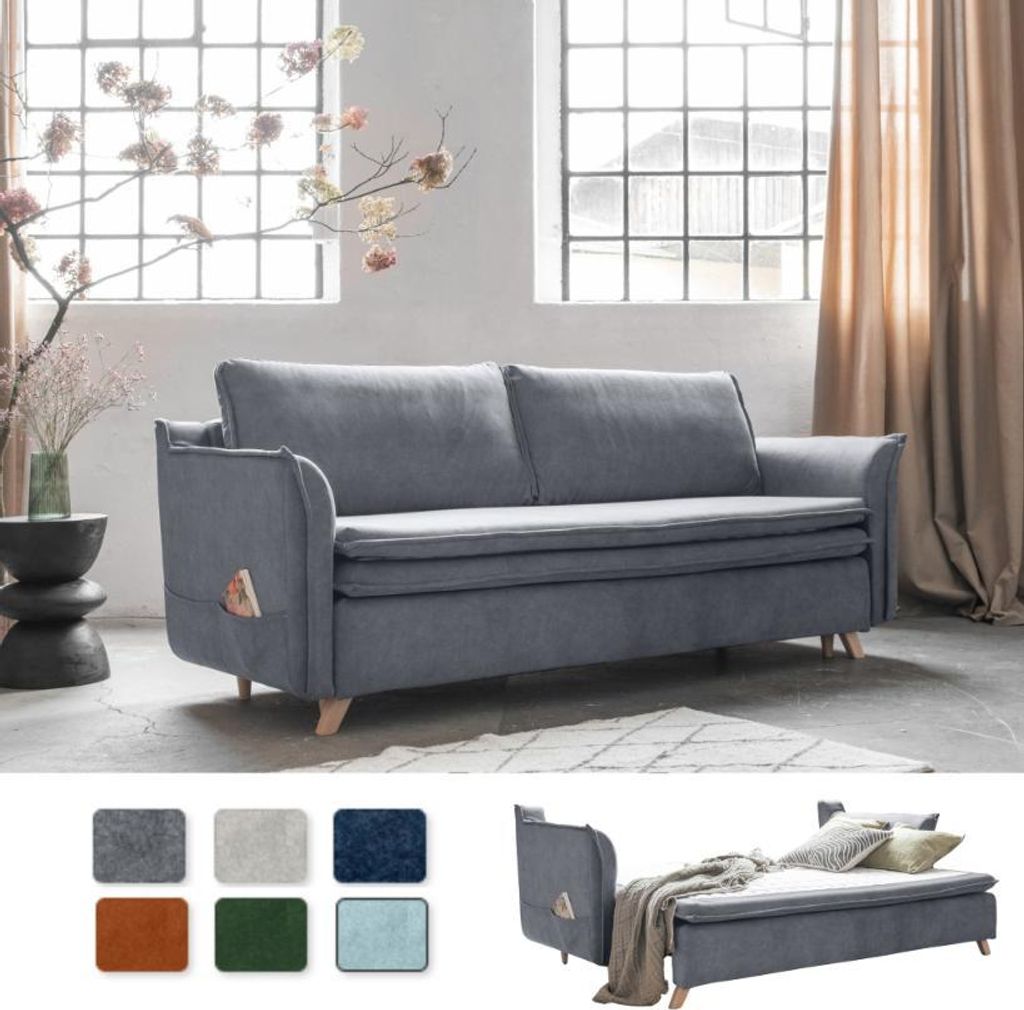 MIUFORM Charming Charlie Slim - Sofa mit Bettfunktion und Bettkasten - 225x90cm - Grau - 3-Sitzer Schlafsofa