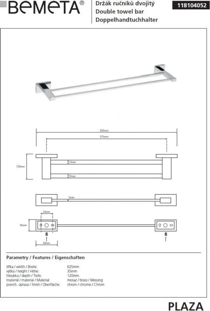 Porte-serviettes double pour salle de bain PLAZA finition chromé 62cm