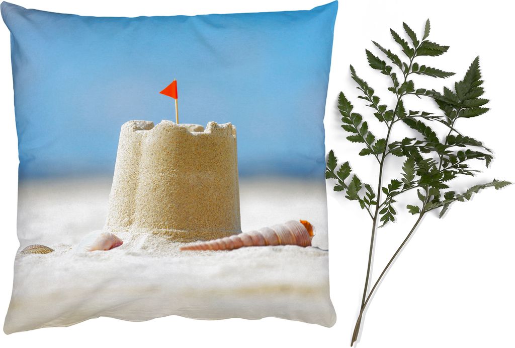 MuchoWow Zierkissen Sofakissen Wohnzimmer Dekokissen 40x40 cm Sandburg - Strand - Muscheln - Sommer - Foto Kissen - Schlafzimmer Dekoration