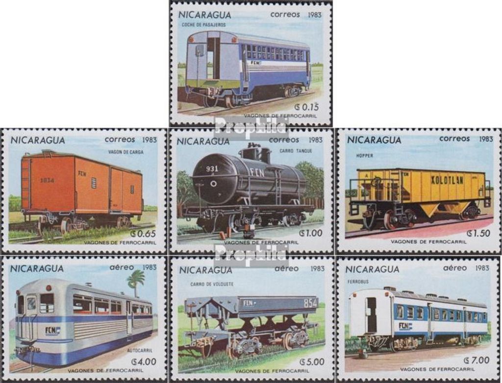Briefmarken Nicaragua 1983 Mi 2387-2393 (kompl.Ausg.) postfrisch Eisenbahnwagen
