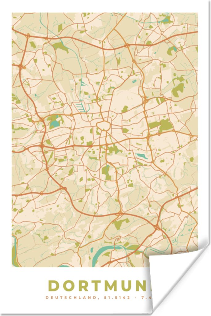 MuchoWow Poster Stadtplan - Dortmund - Stadtplan - Vintage 120x180 cm - Kunstposter
