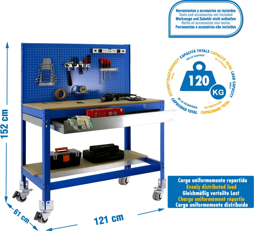 Établi de Travail Mobile 1200mm Simonwork BT2 Box en Acier Bleu et Bois Pro