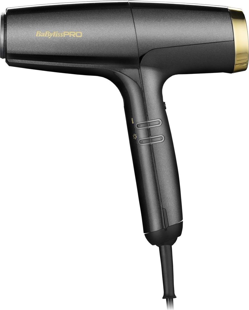 A professional studio shot of a black and gold hair dryer against a white background.