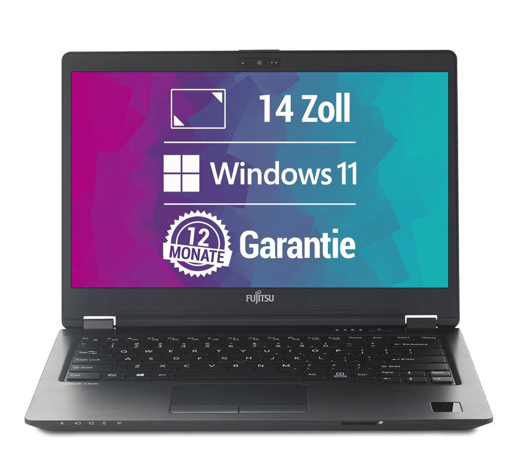 A black Fujitsu laptop is shown from a front-facing angle against a white background. The laptop screen displays marketing information.