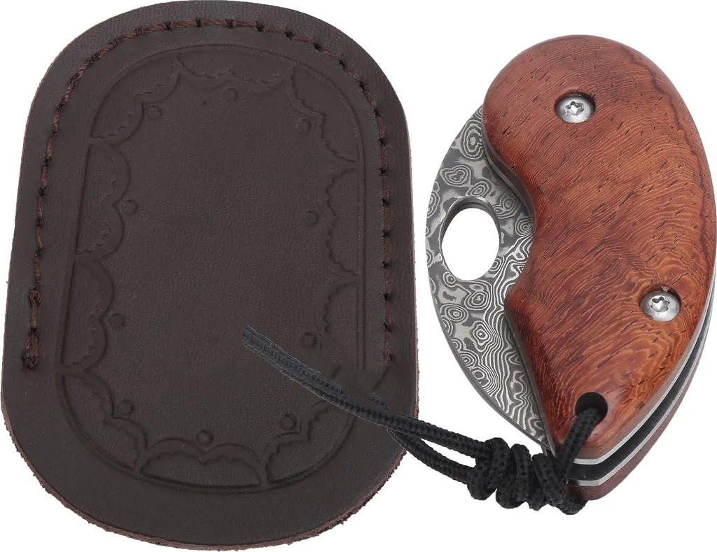 Couteau pliant lame Damas manche bois de rose avec son étui de ceinture
