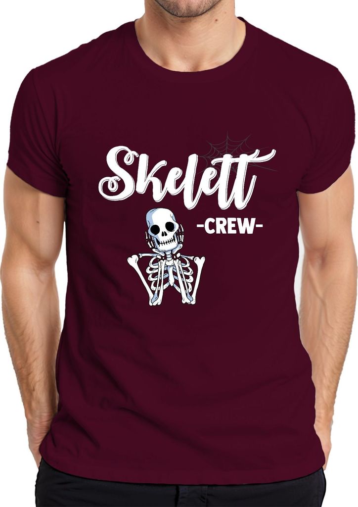 Skelett Crew Halloween Totenkopf Gruselig Gothic Retro Party Herren T-Shirt, Burgundy, S